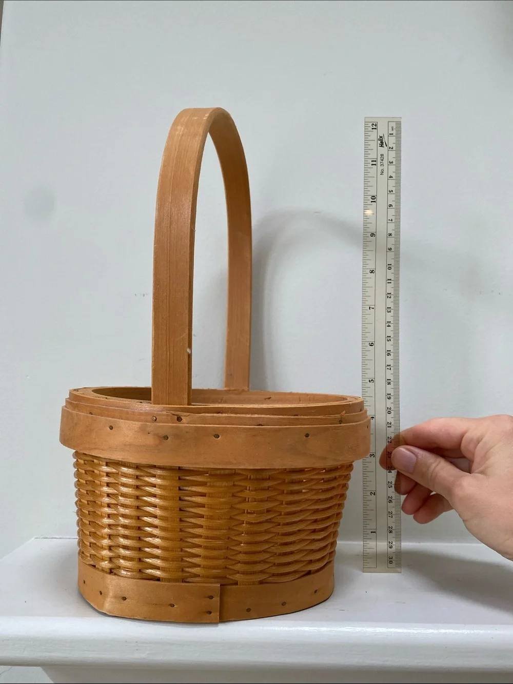 Handwoven Tan Wood Handle Basket - Rustic Home Accent
